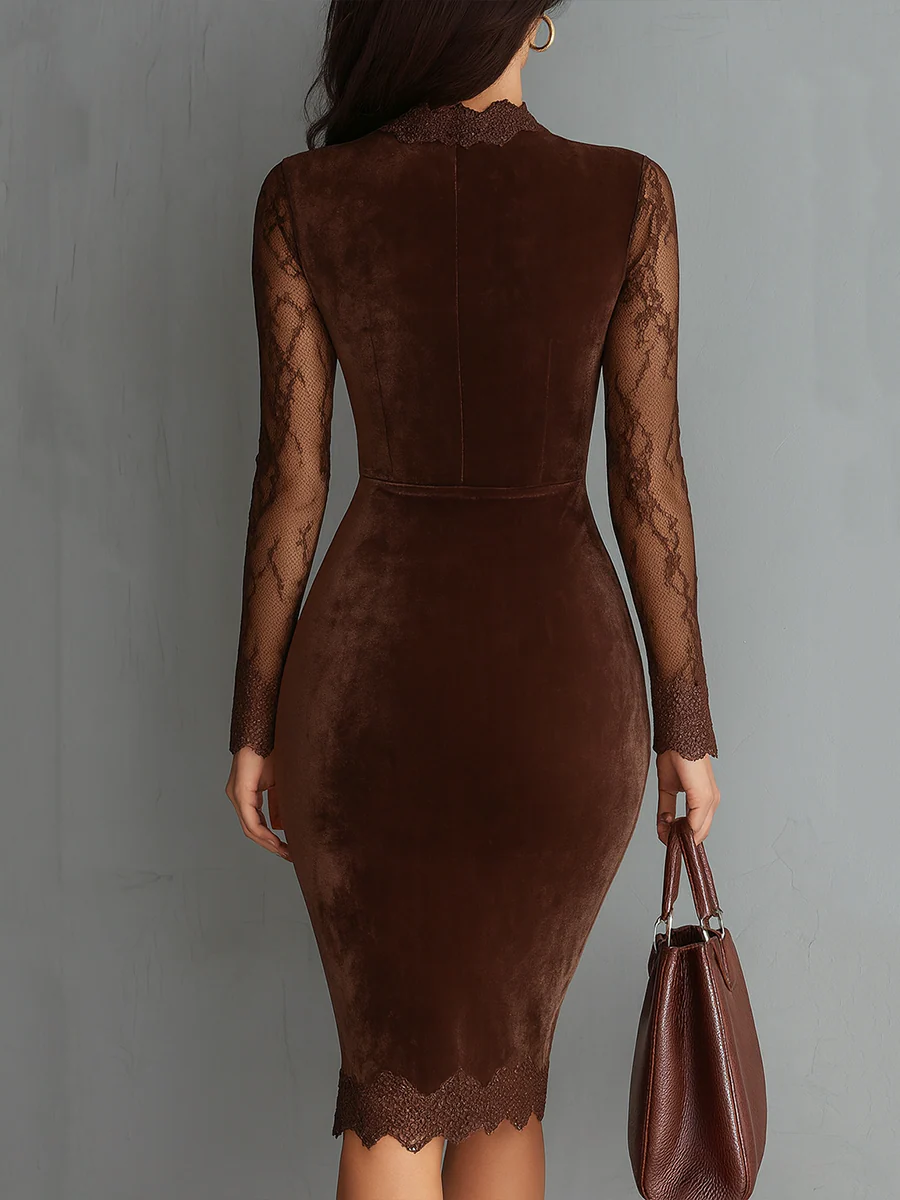 Robe Mini Velours Vintage à Encolure en Clef et Manches en Dentelle