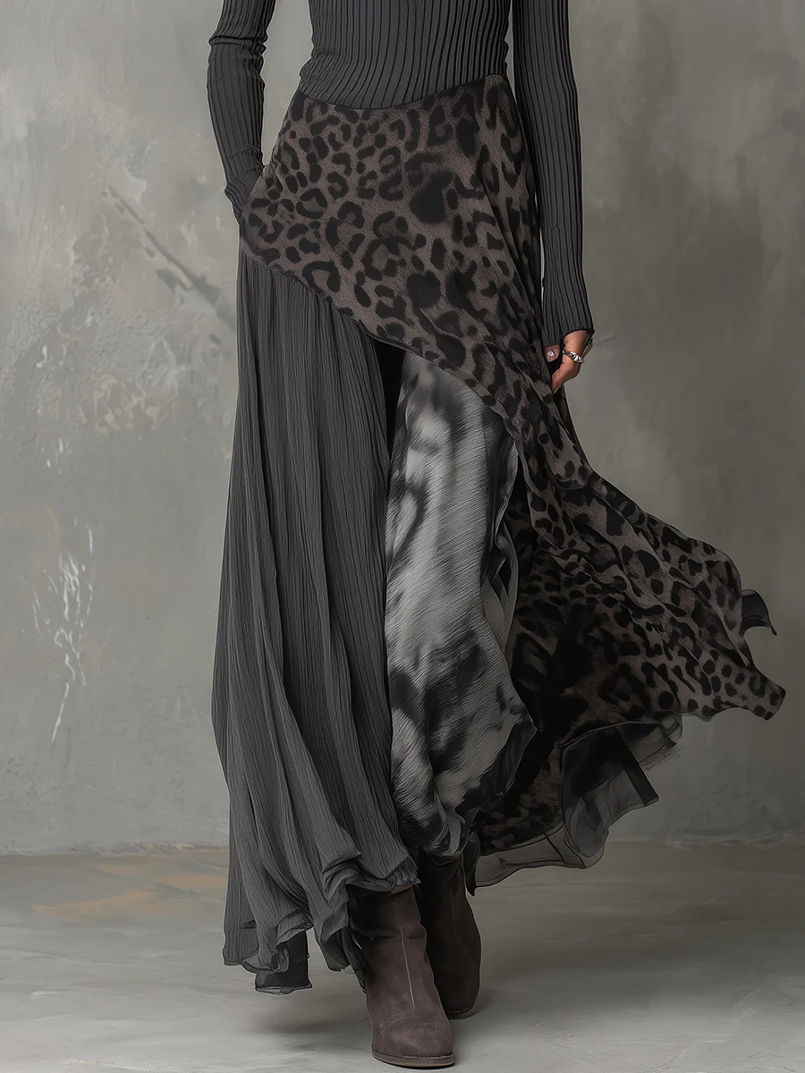 Robe Maxi à Ourlet Asymétrique en Imprimé Léopard avec Rayures Grises