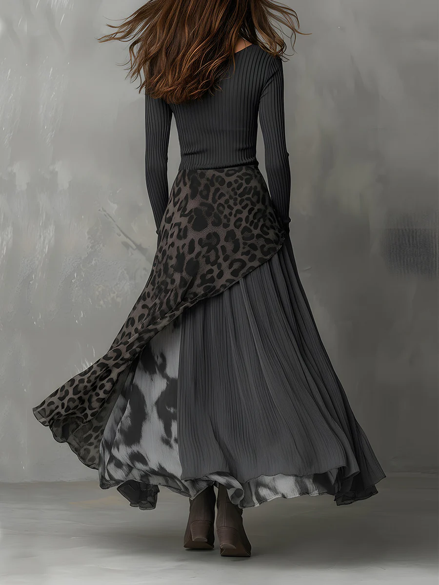 Robe Maxi à Ourlet Asymétrique en Imprimé Léopard avec Rayures Grises