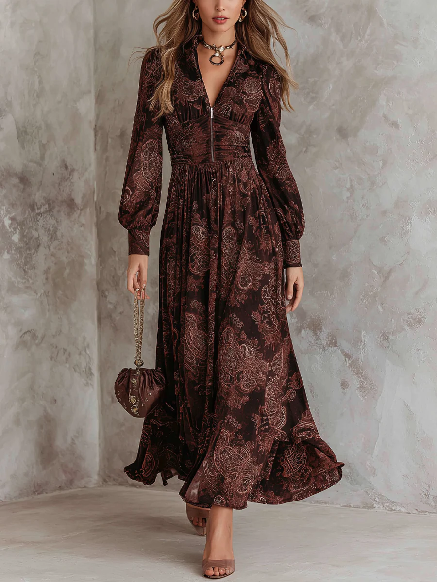 Marlene | Robe Midi avec Imprimé Paisley et Fermeture Éclair au Col