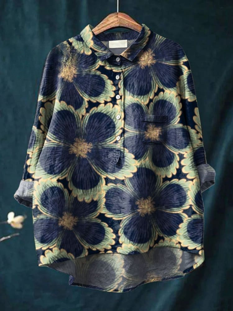 Chemise en Lin Décontractée avec Imprimé Floral Vintage pour Femmes