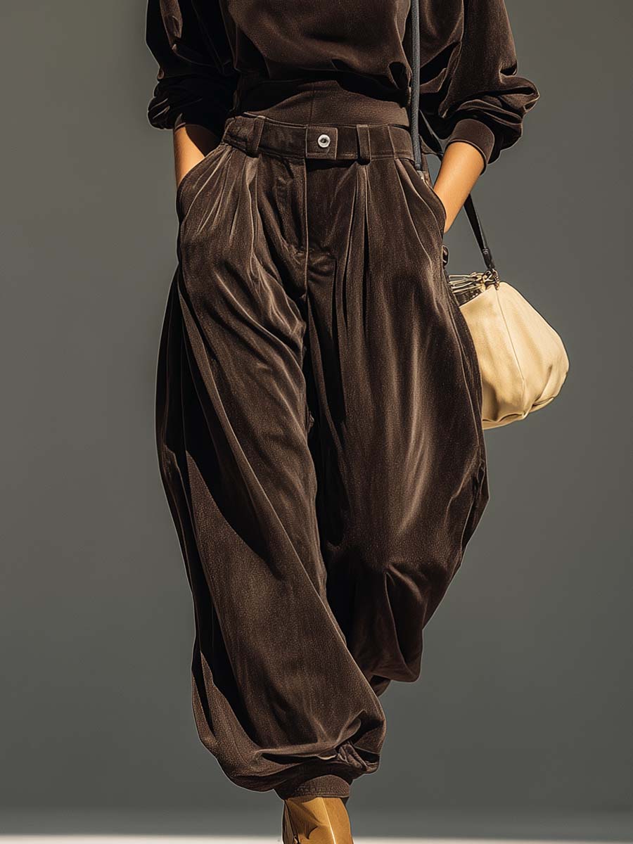 Ensemble de hoodie en velours brun vintage et pantalon ample (comprend une ceinture)