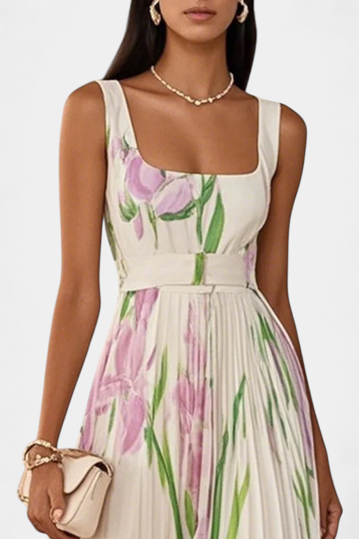 Robe Calanthe Longue Plissée avec Imprimé Floral et Encolure Carrée