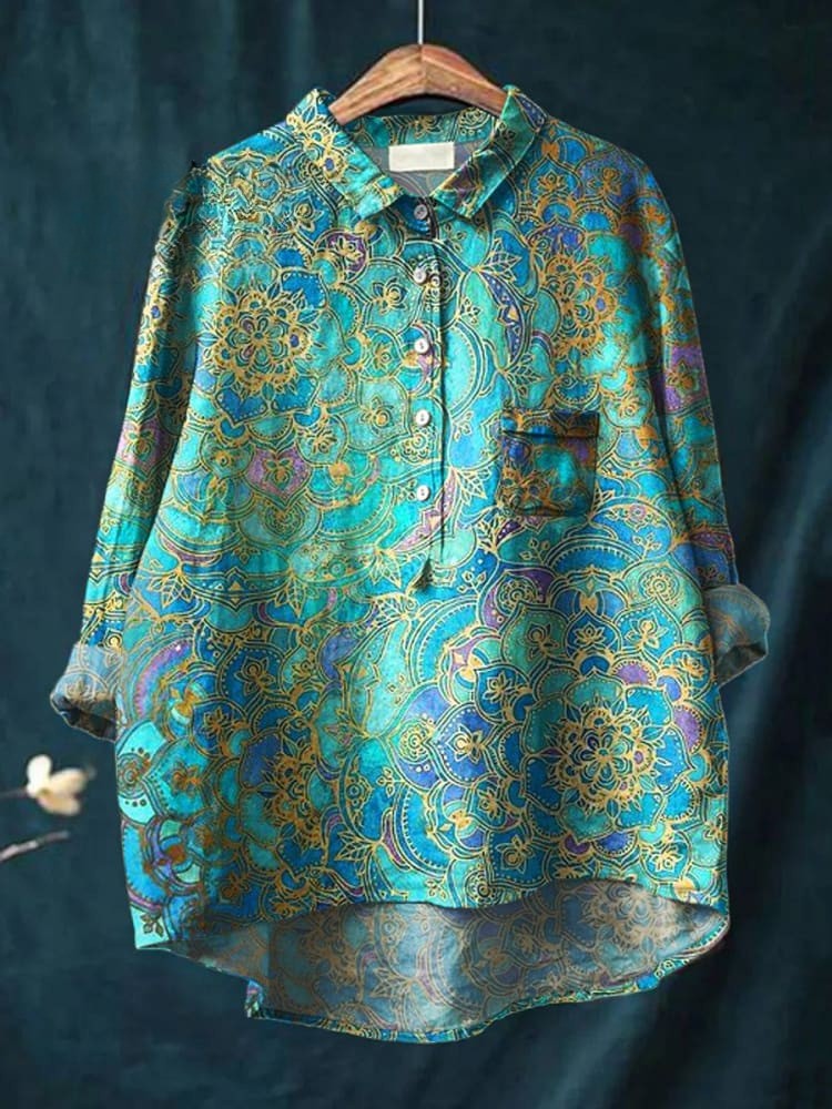 Ladies Retro Art Print Casual Linen Shirt