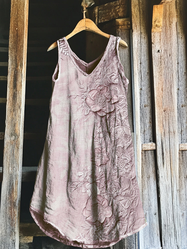 Robe Midi en Lin avec Motif de Fleurs Vintage