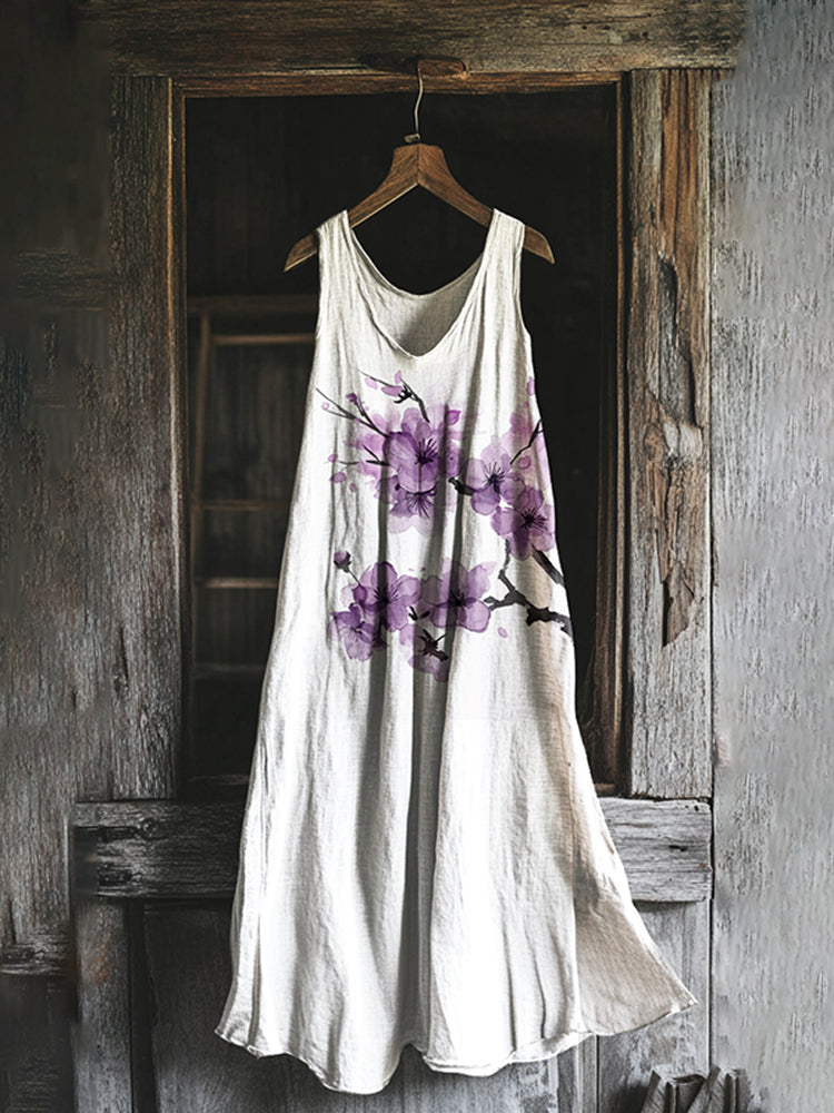 Robe Midi Décontractée avec Motif Art de Fleur de Prunier Vintage