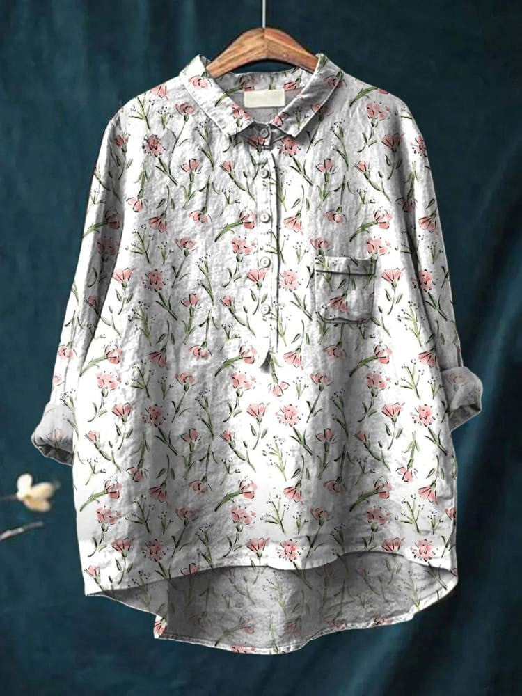 Chemise en lin décontractée à motif répétitif de fleurs roses de printemps pour femmes