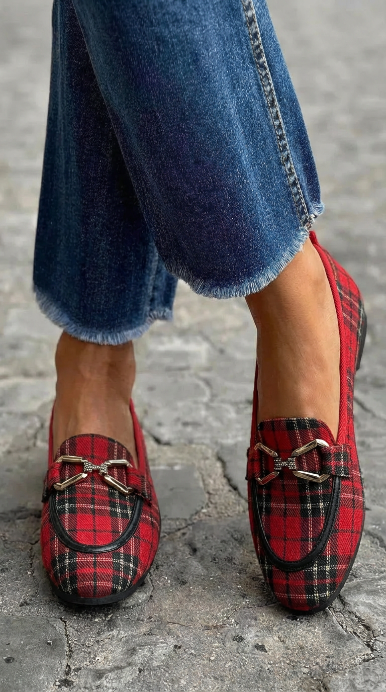 MOCASSINS AVEC MOTIF ECOSSAIS ET DÉTAILS MÉTALLIQUES
