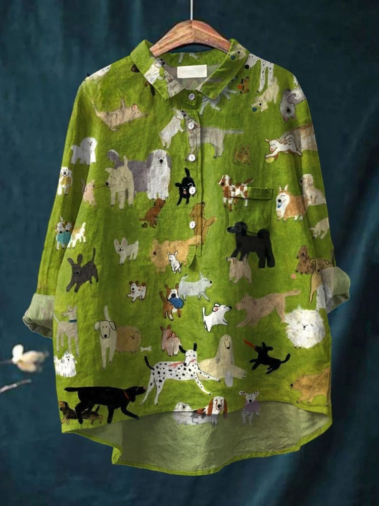 Chemise en Lin Décontractée avec Imprimé de Chien Mignon pour Femmes