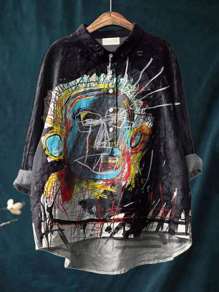 Chemise en lin décontractée avec impression artistique de peinture abstraite vintage