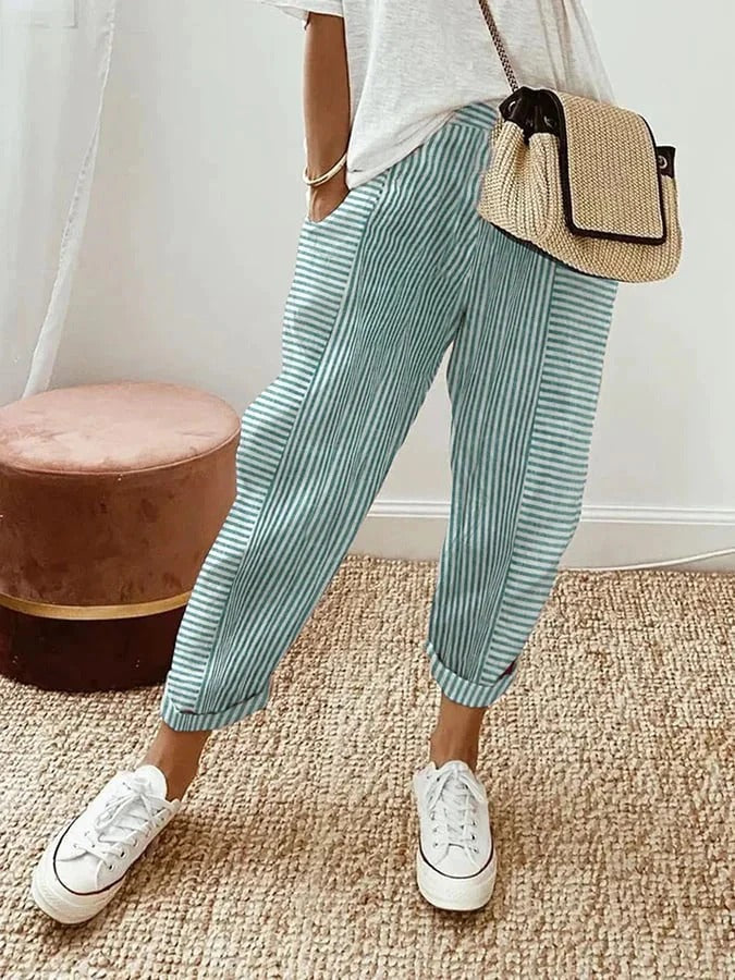 Celia - Pantalon en Coton Rayé Classique