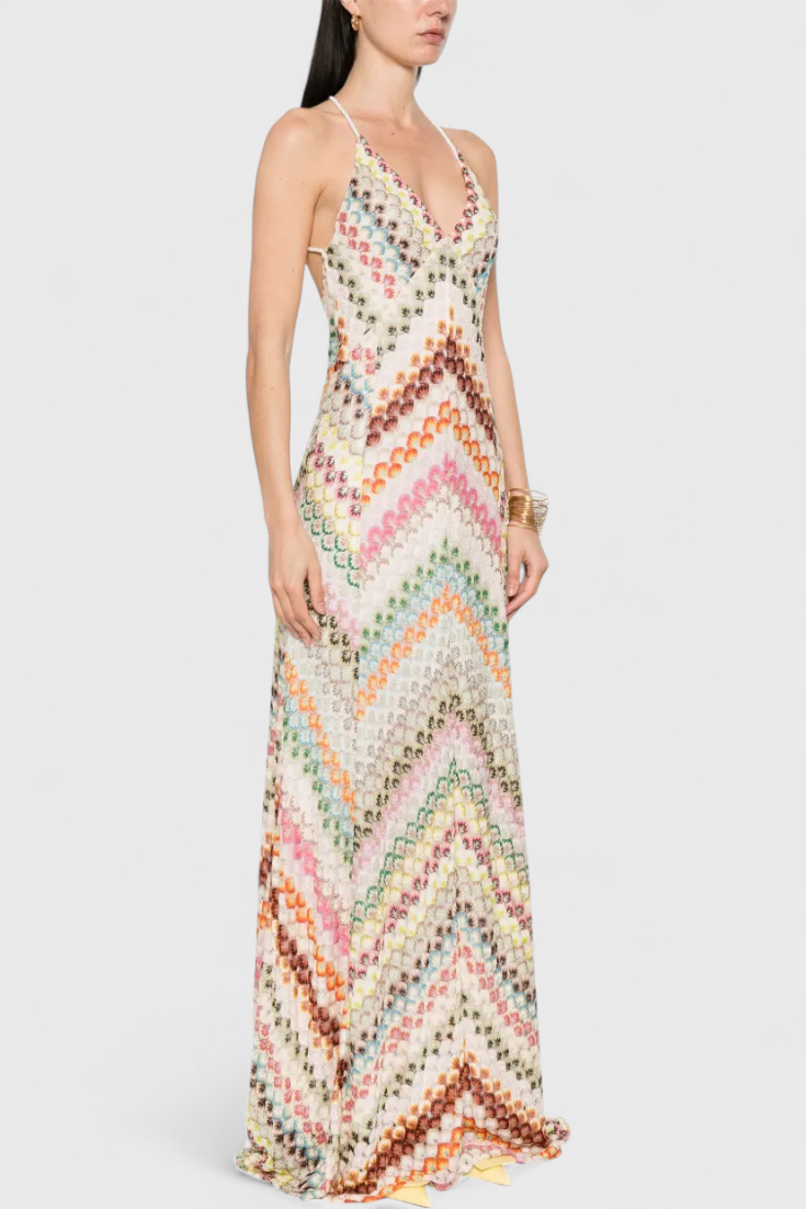 Long Agustina Dress in Lace with V-Neck and Zigzag Pattern
