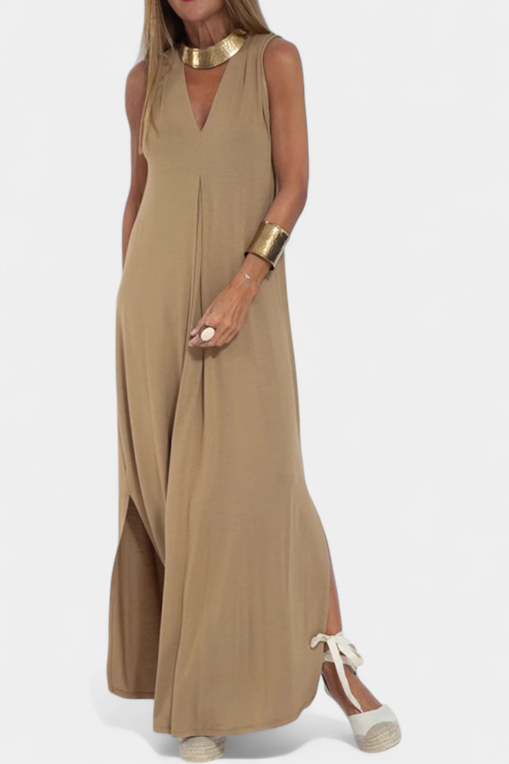 Felisa Sleeveless Maxi Dress in Solid Color and Elegant Silhouette