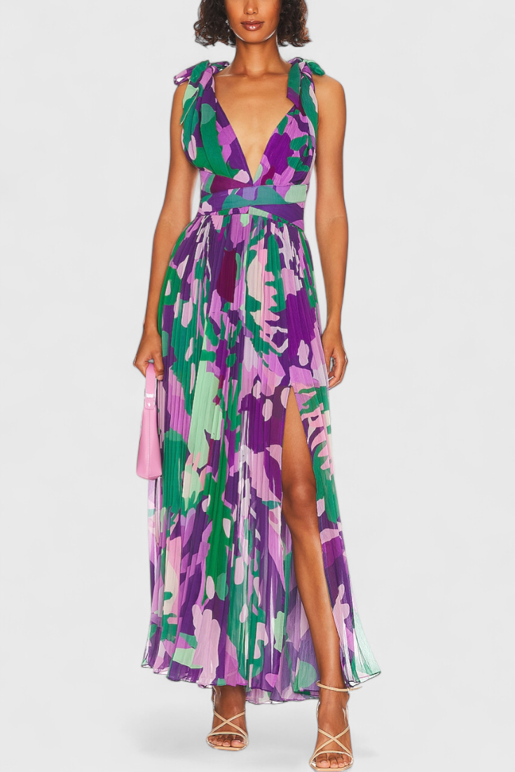 Cecil Pleated Dress with Watercolor Print and Open Back