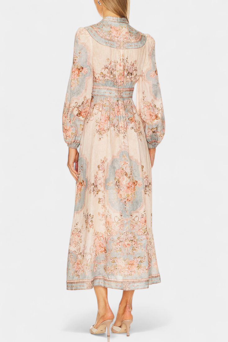 Robe Maxi Évasée Dorotila avec Imprimé Floral, Boutons et Manches Ballon