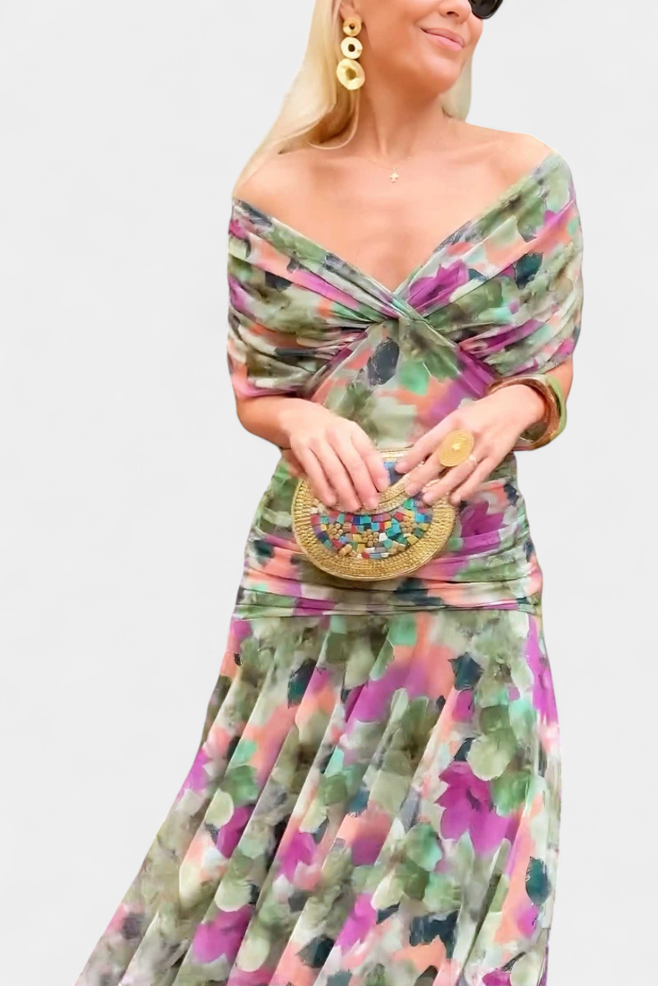 Long Alondra Dress with Floral Print and V-Neck