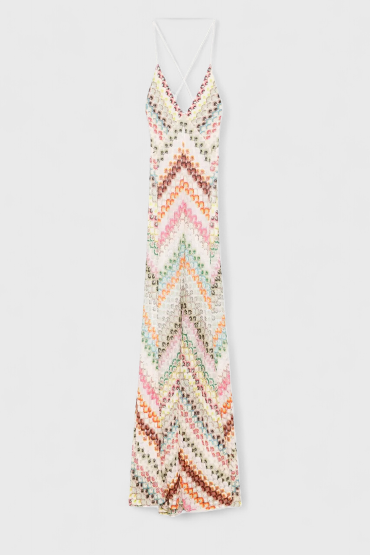 Robe Longue Agustina en Dentelle avec Décolleté en V et Motif Zigzag