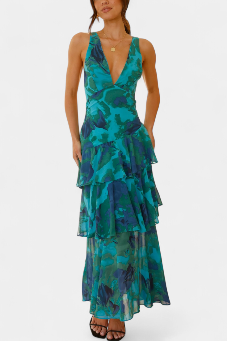 Robe Domenica en Chiffon avec Décolleté en V et Couches Fluides