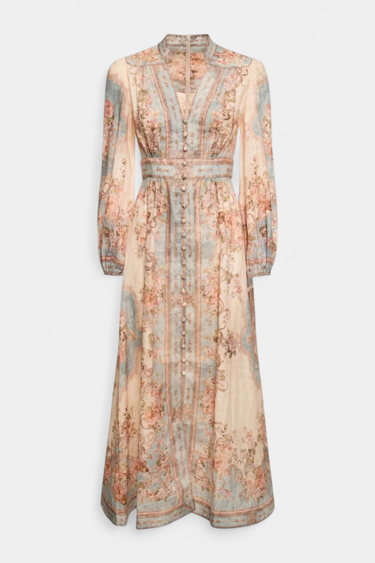 Robe Maxi Évasée Dorotila avec Imprimé Floral, Boutons et Manches Ballon