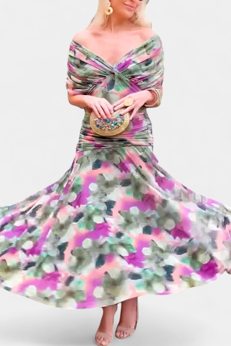 Long Alondra Dress with Floral Print and V-Neck