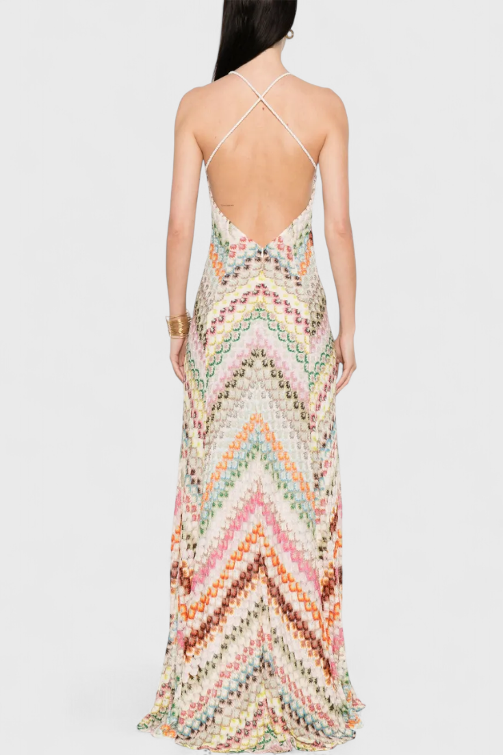 Long Agustina Dress in Lace with V-Neck and Zigzag Pattern