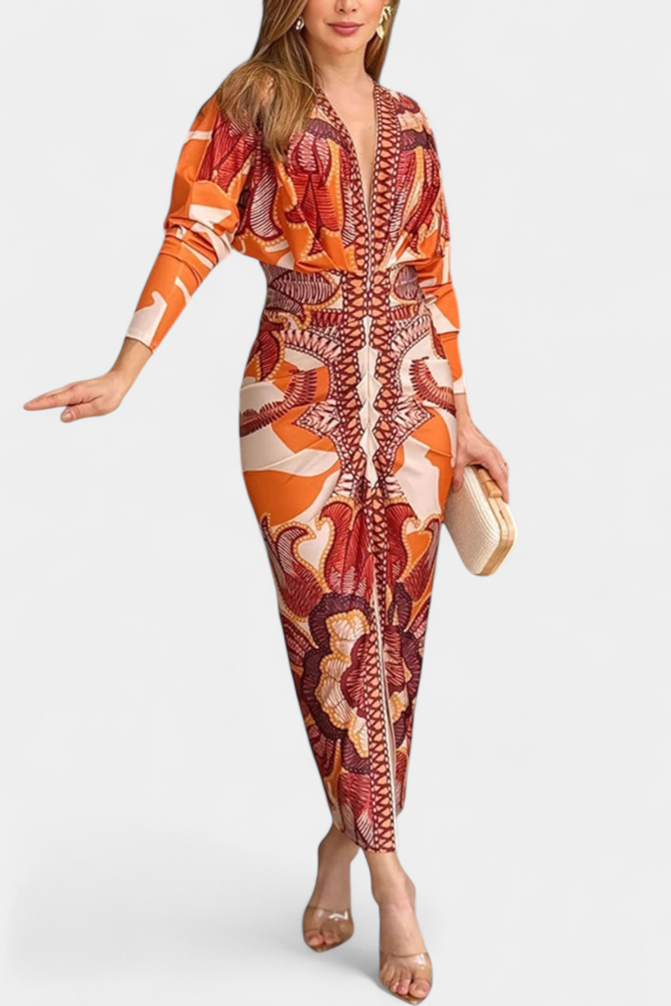 Robe Longue Diva avec Imprimé Floral, Décolleté en V et Fente Latérale