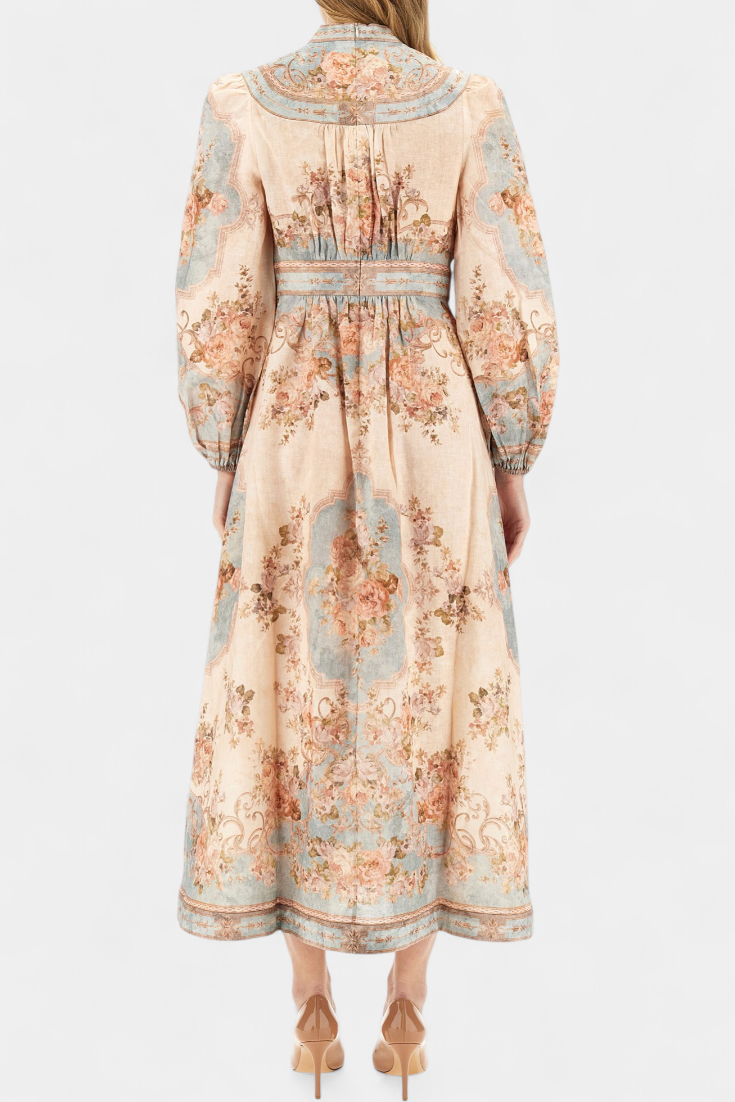 Robe Maxi Évasée Dorotila avec Imprimé Floral, Boutons et Manches Ballon