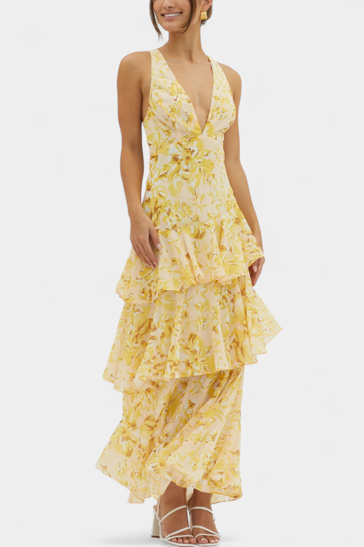 Domenica Chiffon Dress with V-Neck and Flowing Layers