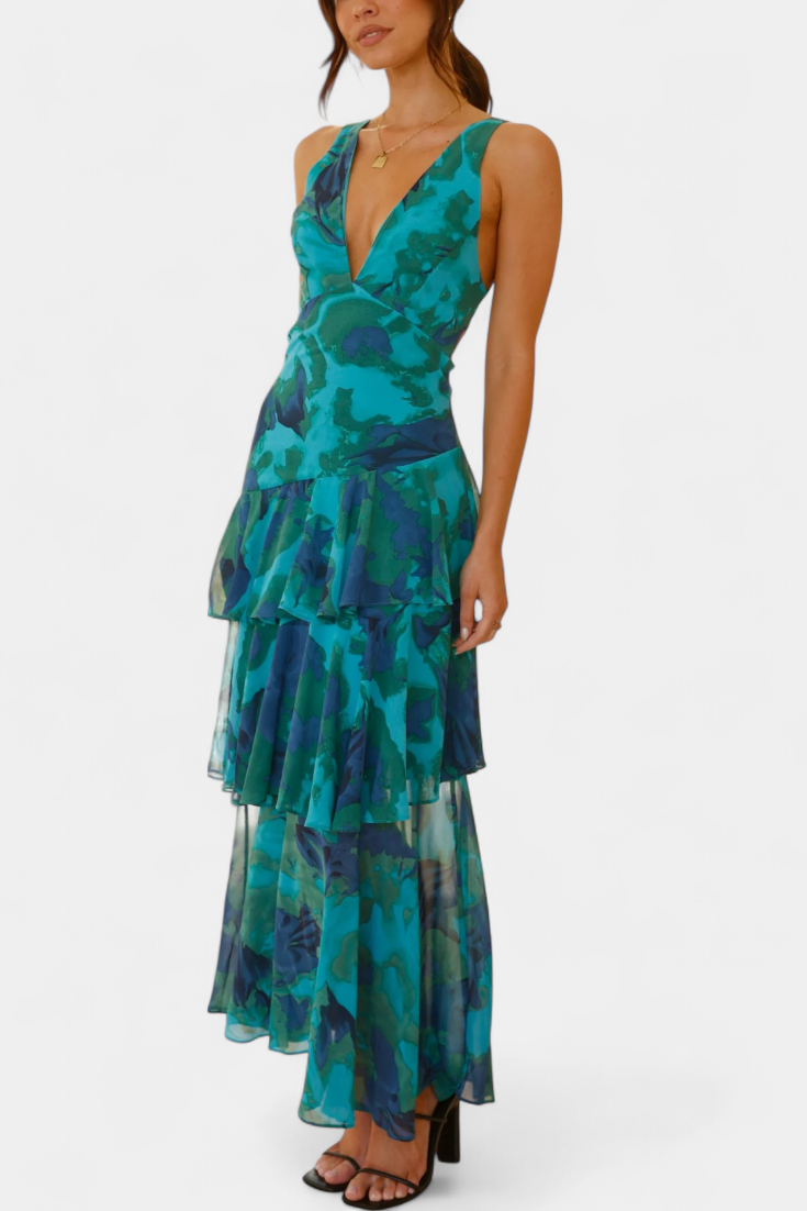 Domenica Chiffon Dress with V-Neck and Flowing Layers