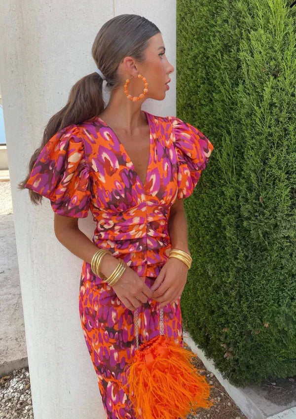 Arielle™ | Colorful Midi Dress for Women with Pleated Sleeves