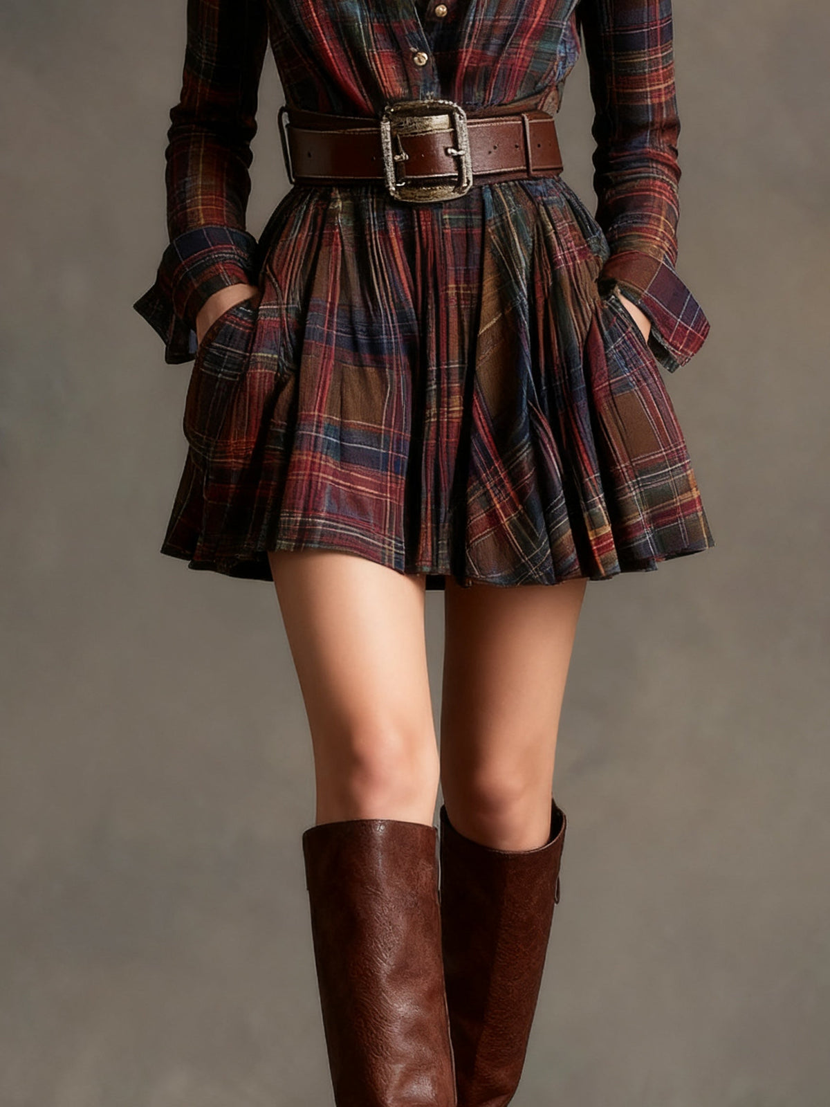 Robe Mini Vintage à Carreaux Rouges et Marron (Inclut une ceinture)