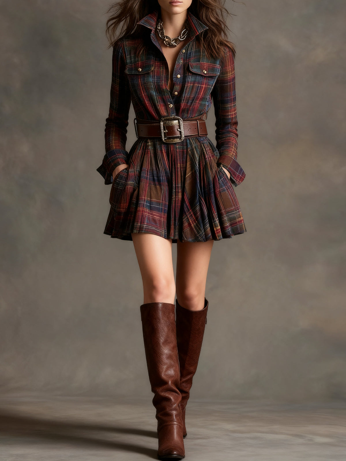 Robe Mini Vintage à Carreaux Rouges et Marron (Inclut une ceinture)