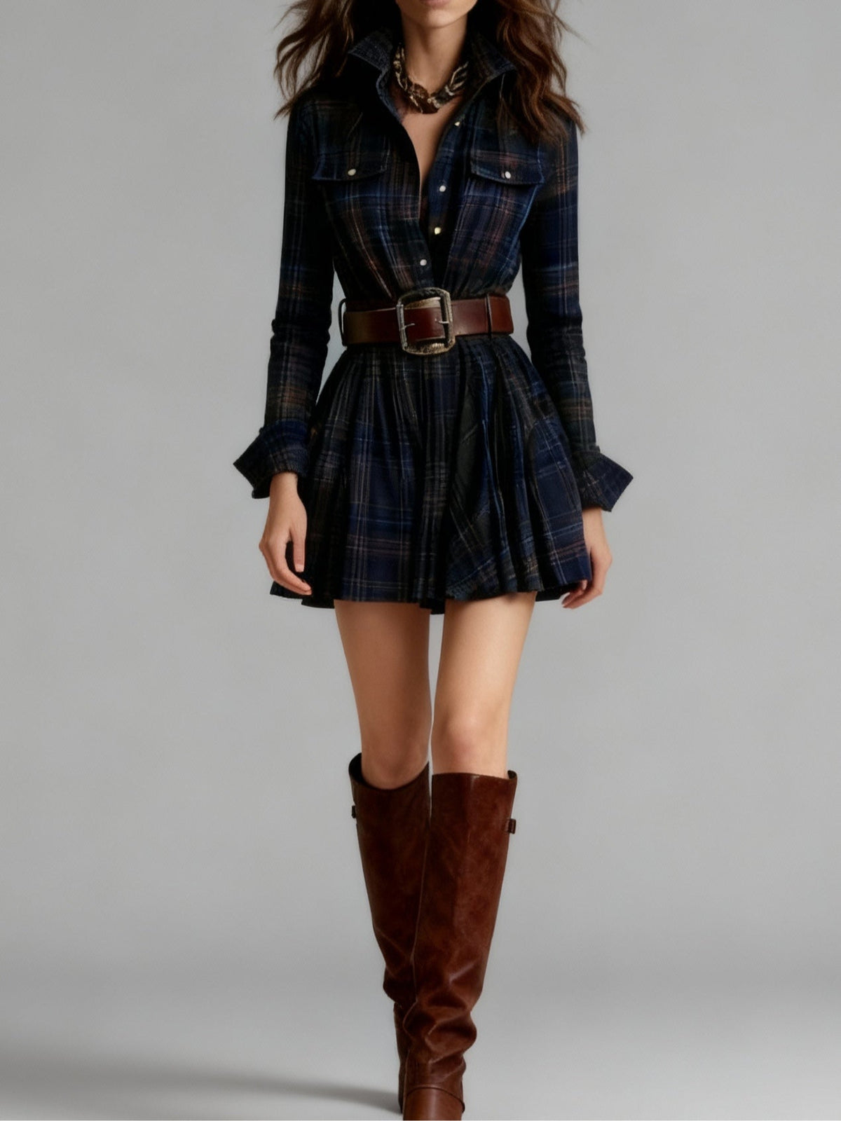 Robe Mini Vintage à Carreaux Rouges et Marron (Inclut une ceinture)