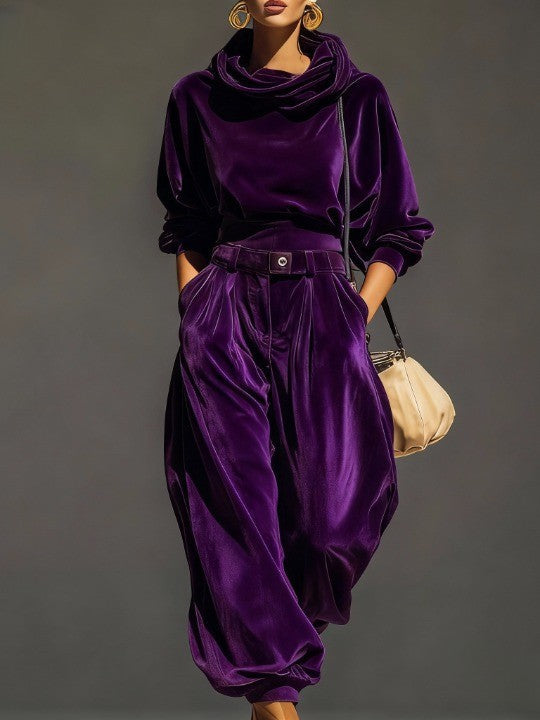 Ensemble de hoodie en velours brun vintage et pantalon ample (comprend une ceinture)