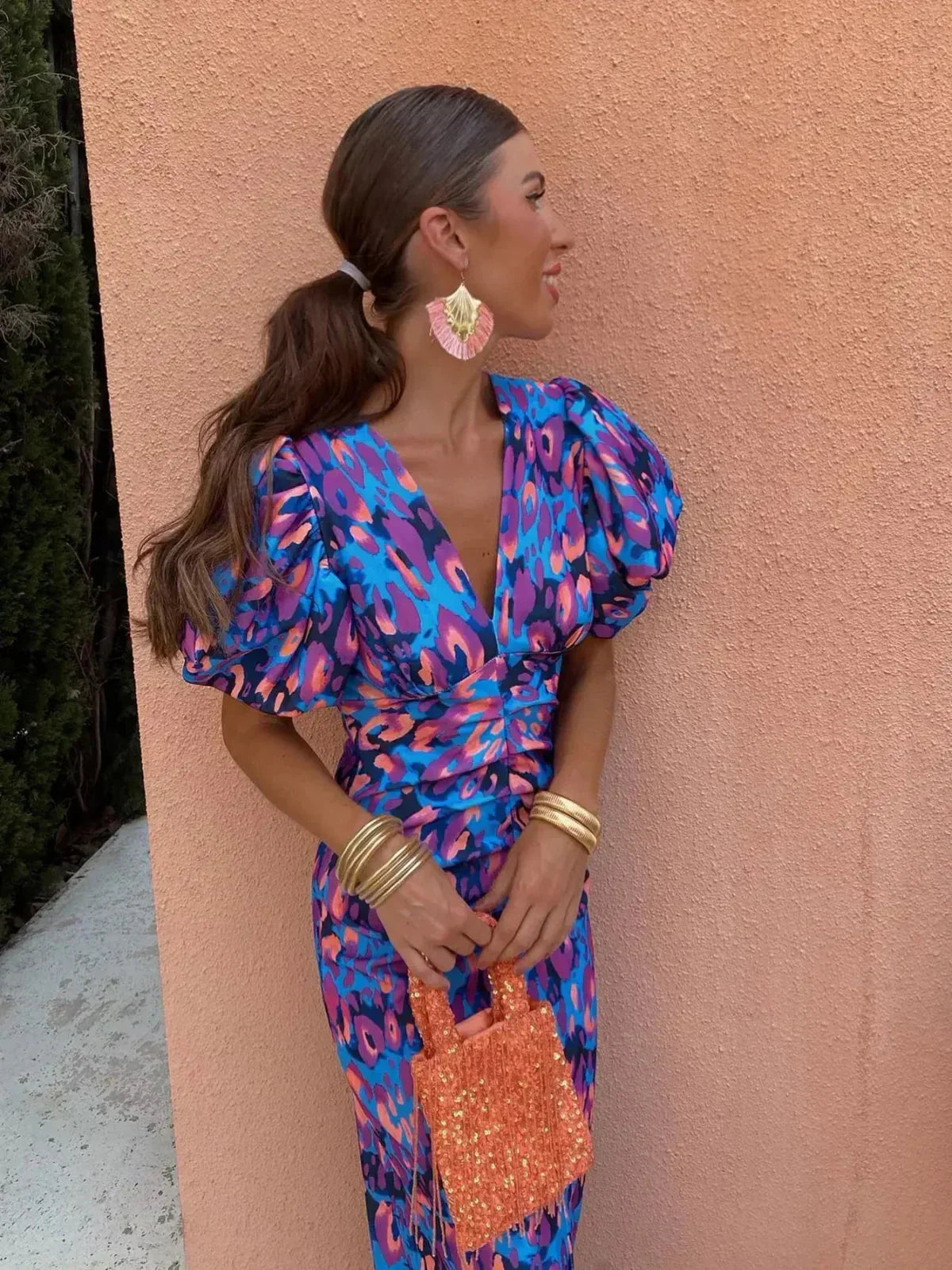 Arielle™ | Colorful Midi Dress for Women with Pleated Sleeves