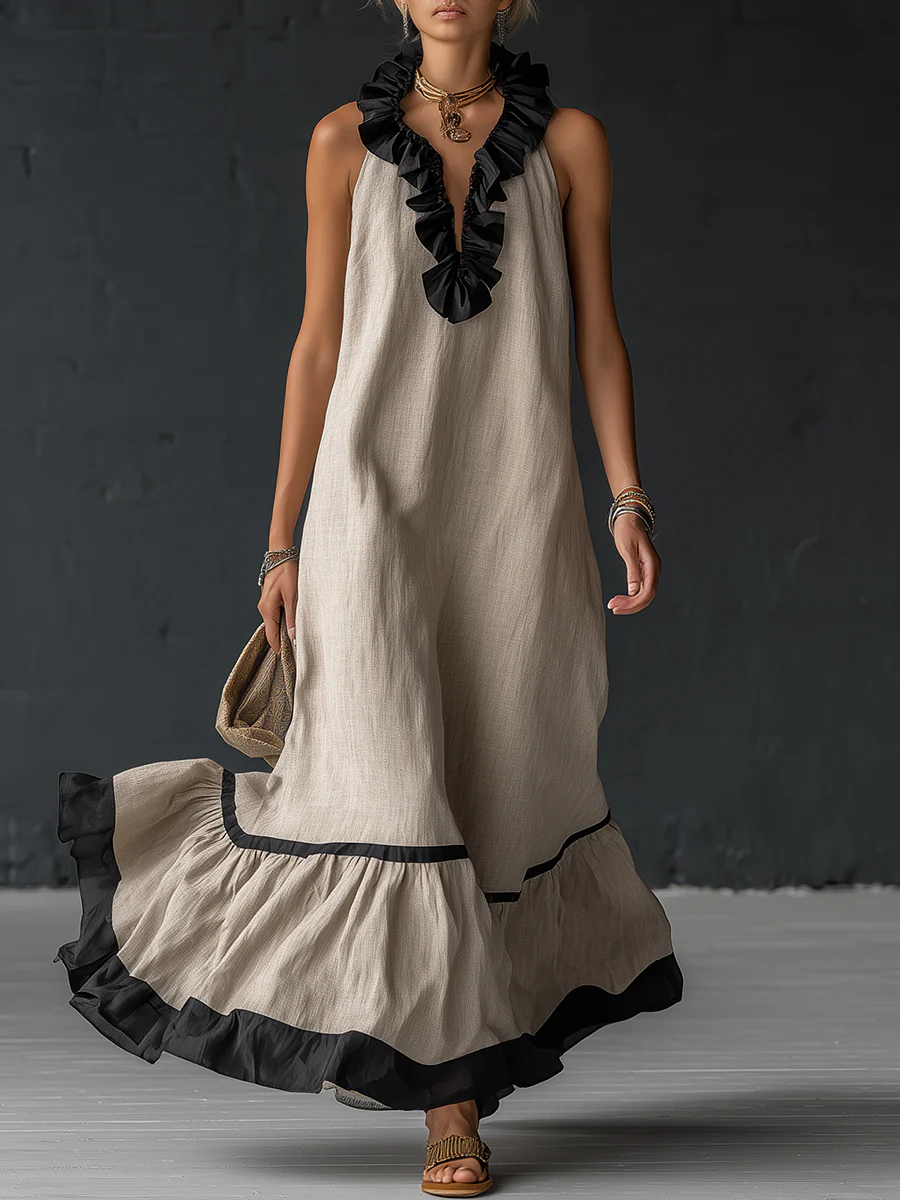 Robe Maxi Élégante et Romantique à Volants en Coloris Bloqués
