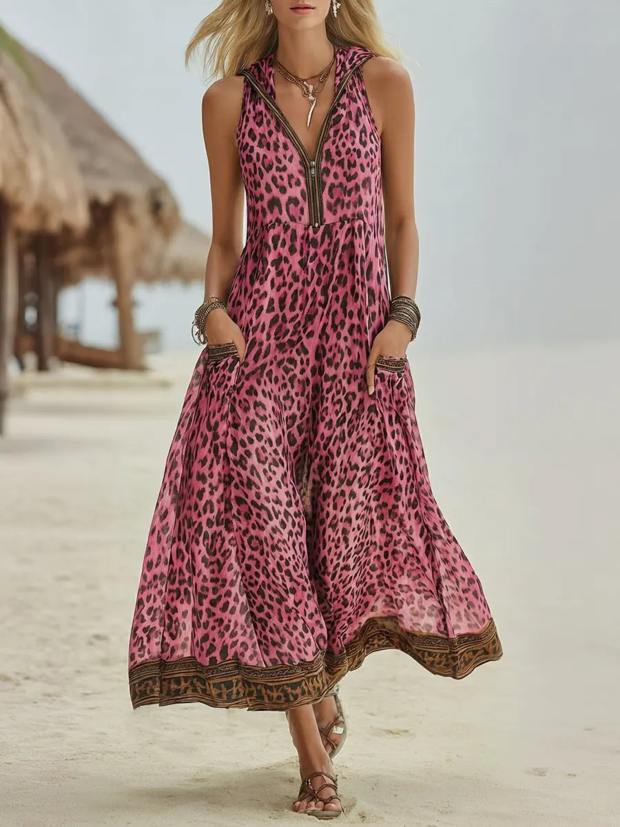 Robe Midi à Capuche Art Imprimé Léopard Vert Casual Retro pour Femmes