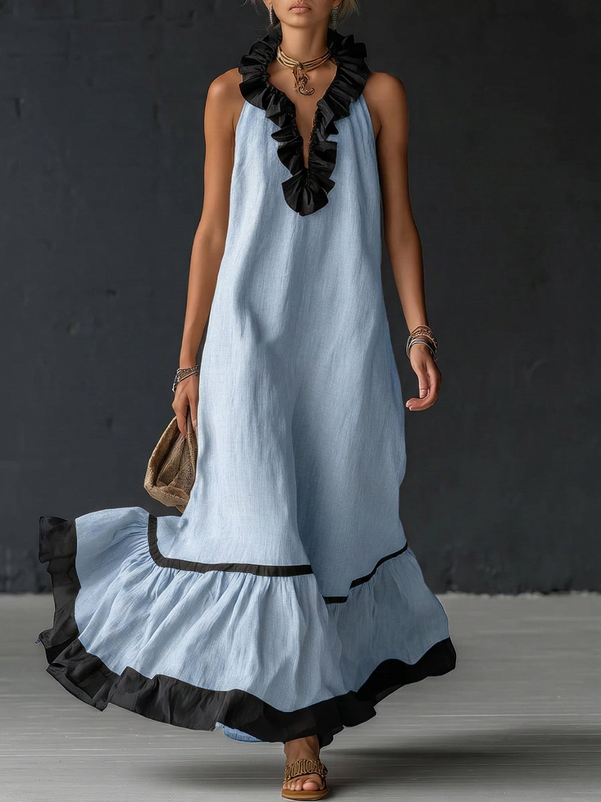 Robe Maxi Élégante et Romantique à Volants en Coloris Bloqués