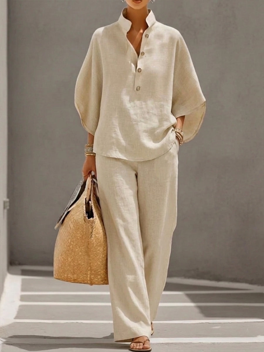 Ensemble Deux Pièces en Lin et Coton à Manches Chauve-Souris pour Femmes – Chemise Décontractée & Pantalon à Jambes Larges