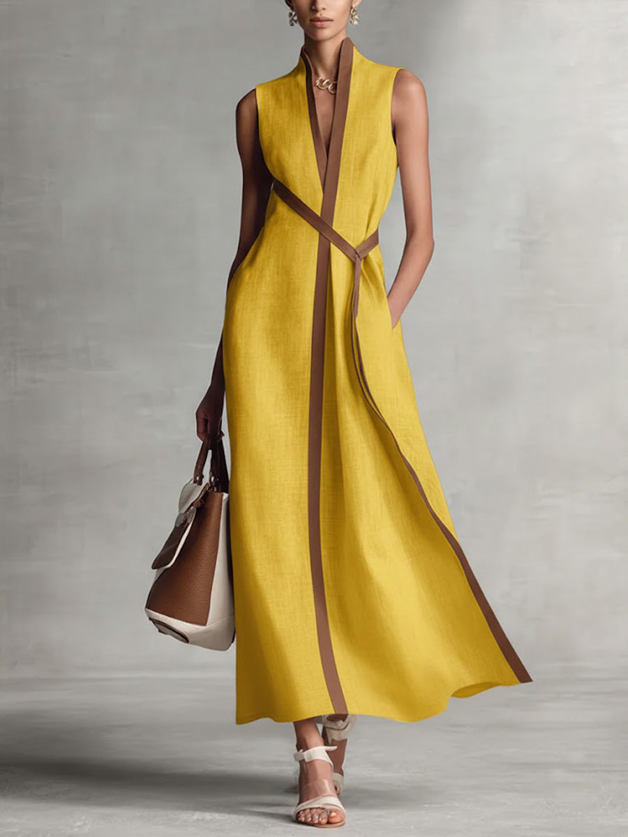 Robe Décontractée Sans Manches en Coton et Lin à Col Montant pour Femmes