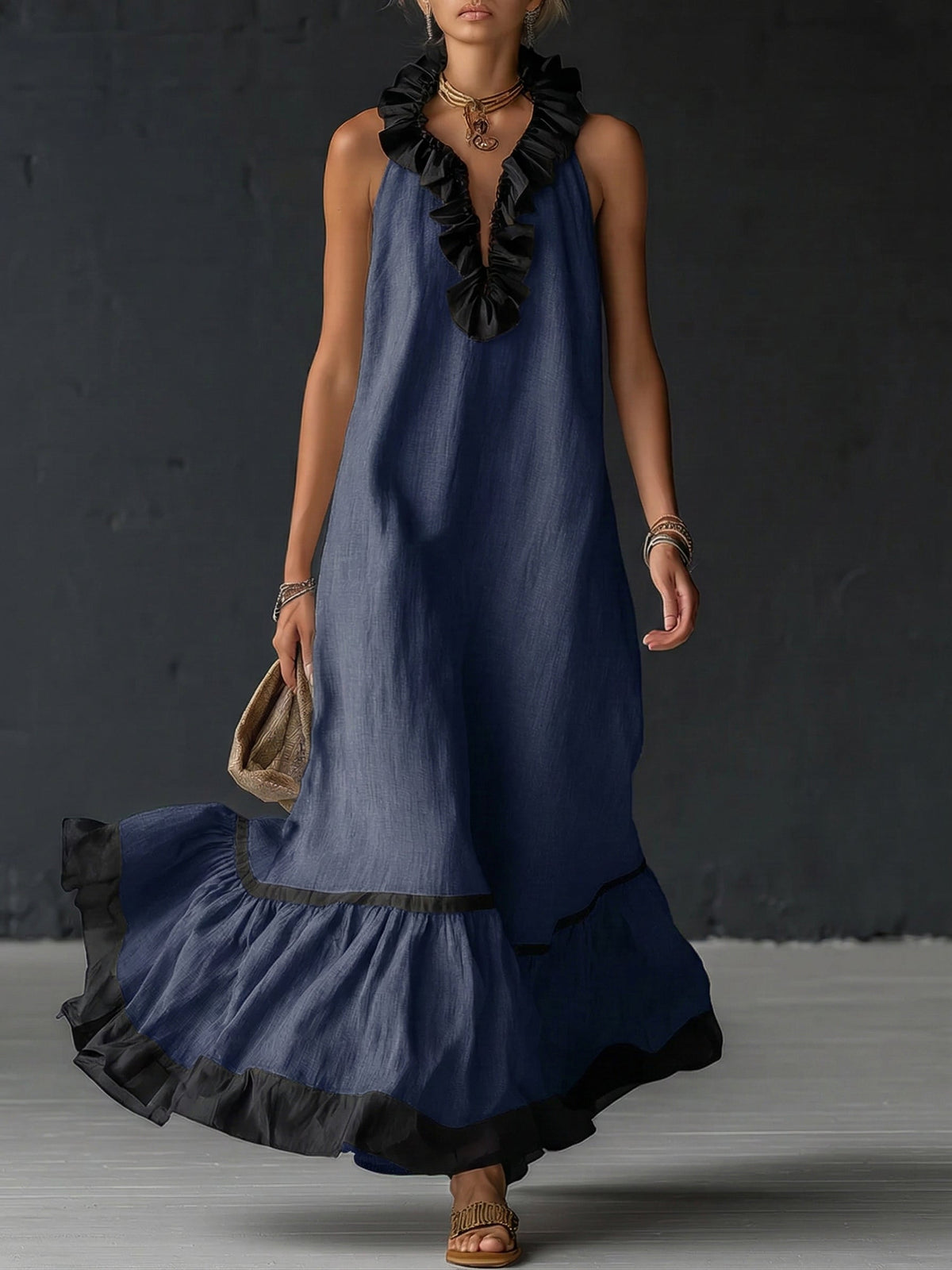Robe Maxi Élégante et Romantique à Volants en Coloris Bloqués