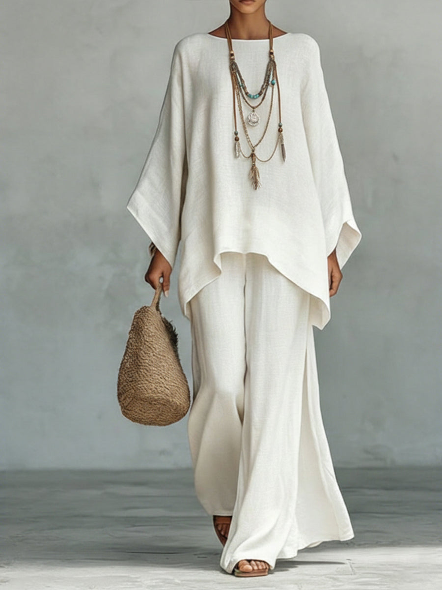 Ensemble deux pièces en lin et coton pour femmes, confortable et ample, avec top et pantalon à jambes larges.
