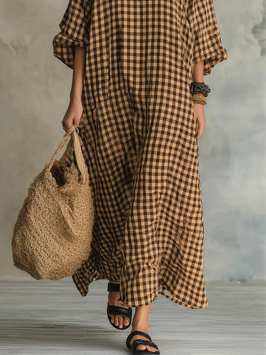 Robe Maxi en Coton Lin à Carreaux Rétro pour Femmes