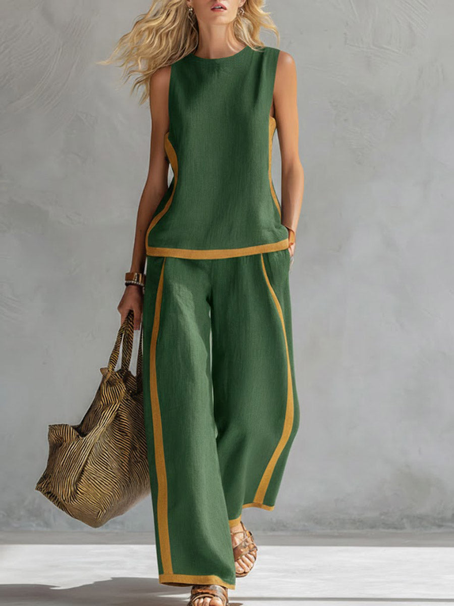Ensemble en coton et lin pour femmes : top décontracté sans manches à col rond et pantalon large taille haute.