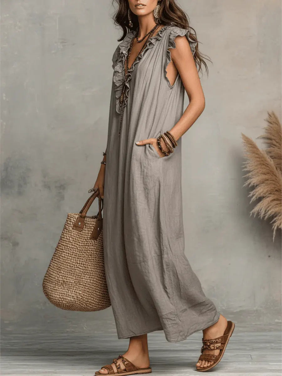 Robe d'art décontractée à volants en coton et lin unie pour femmes