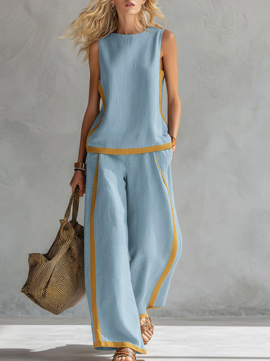Ensemble en coton et lin pour femmes : top décontracté sans manches à col rond et pantalon large taille haute.