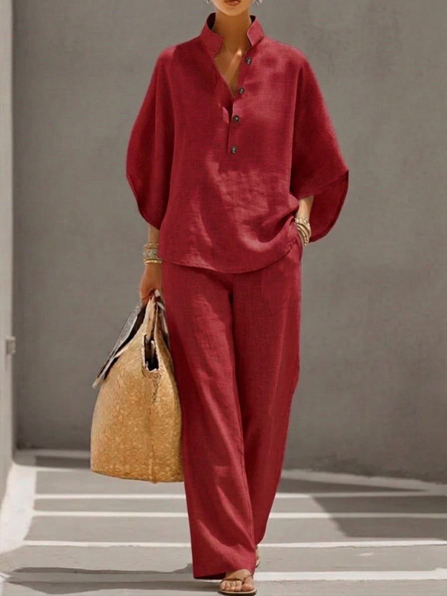 Ensemble Deux Pièces en Lin et Coton à Manches Chauve-Souris pour Femmes – Chemise Décontractée & Pantalon à Jambes Larges