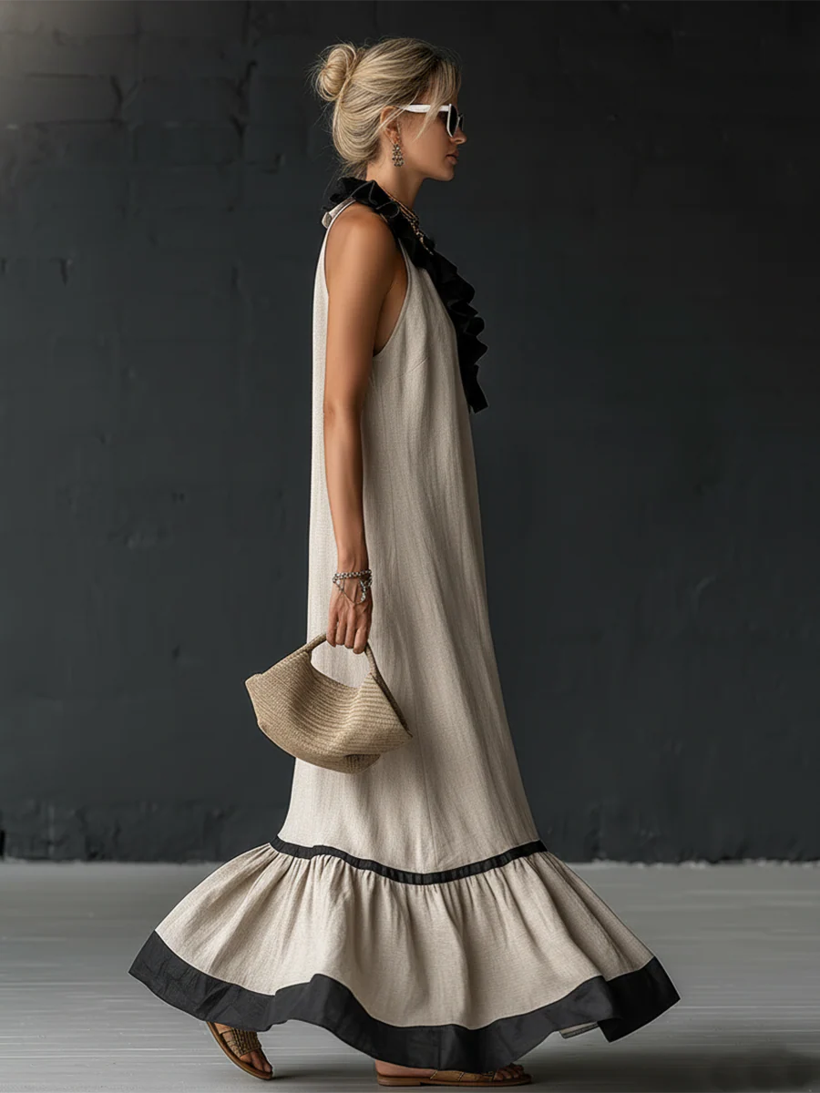 Robe Maxi Élégante et Romantique à Volants en Coloris Bloqués