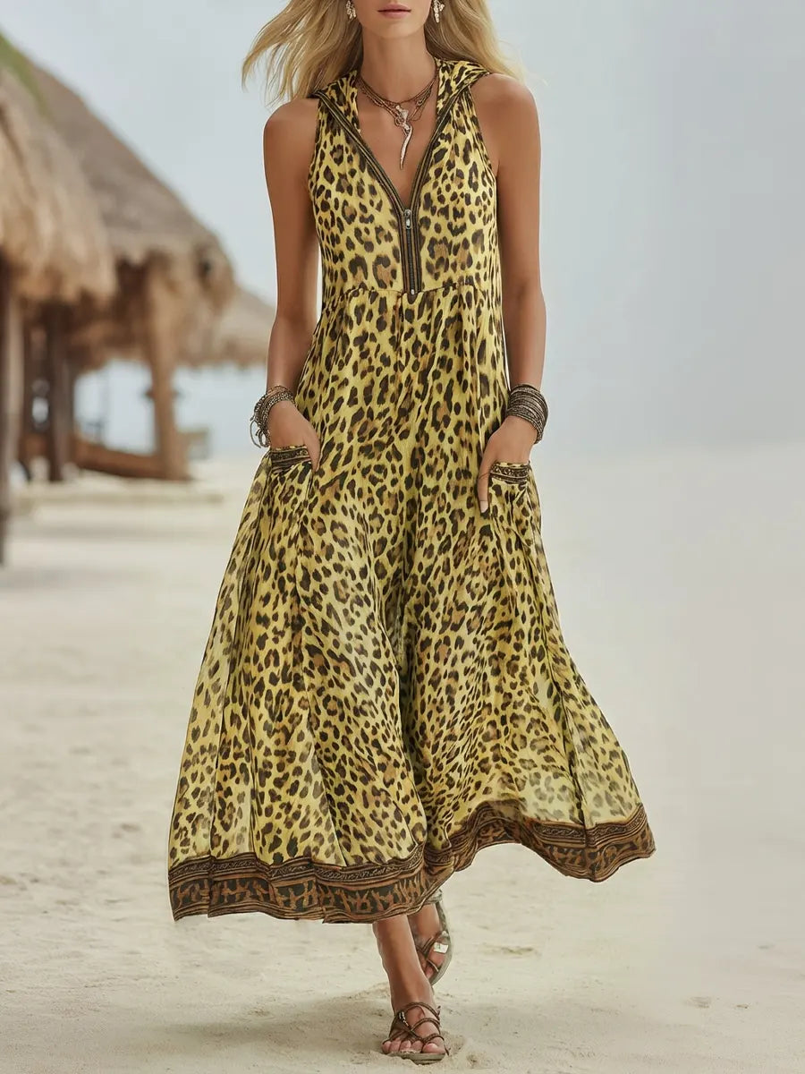 Robe Midi à Capuche Art Imprimé Léopard Vert Casual Retro pour Femmes