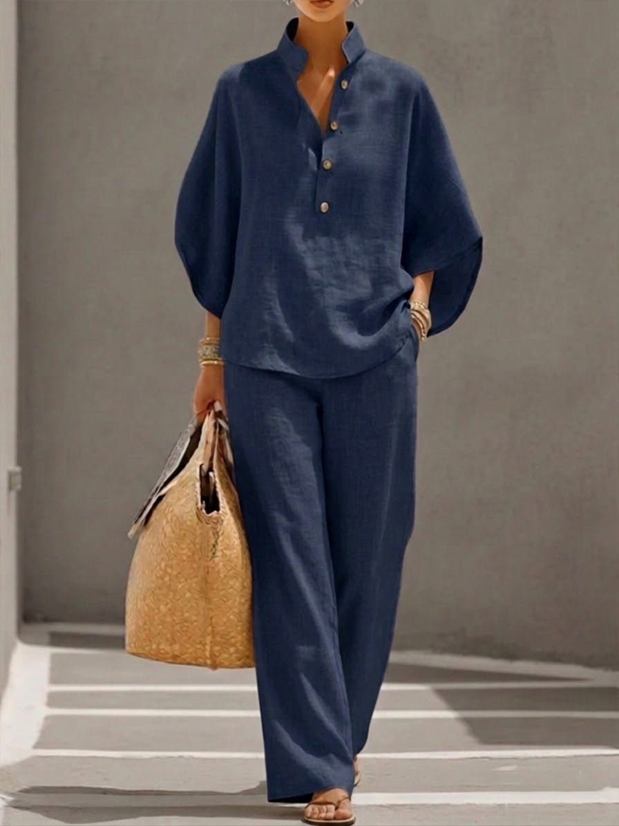 Ensemble Deux Pièces en Lin et Coton à Manches Chauve-Souris pour Femmes – Chemise Décontractée & Pantalon à Jambes Larges
